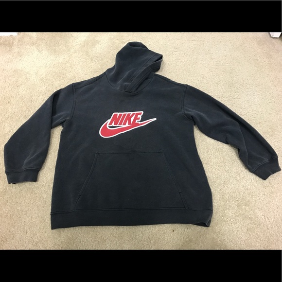 black nike hoodie with red logo